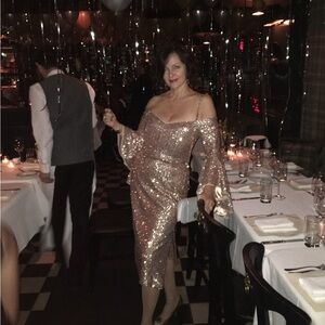 Milly Rose Gold Sequin Midi Dress with Ruffle Sleeves